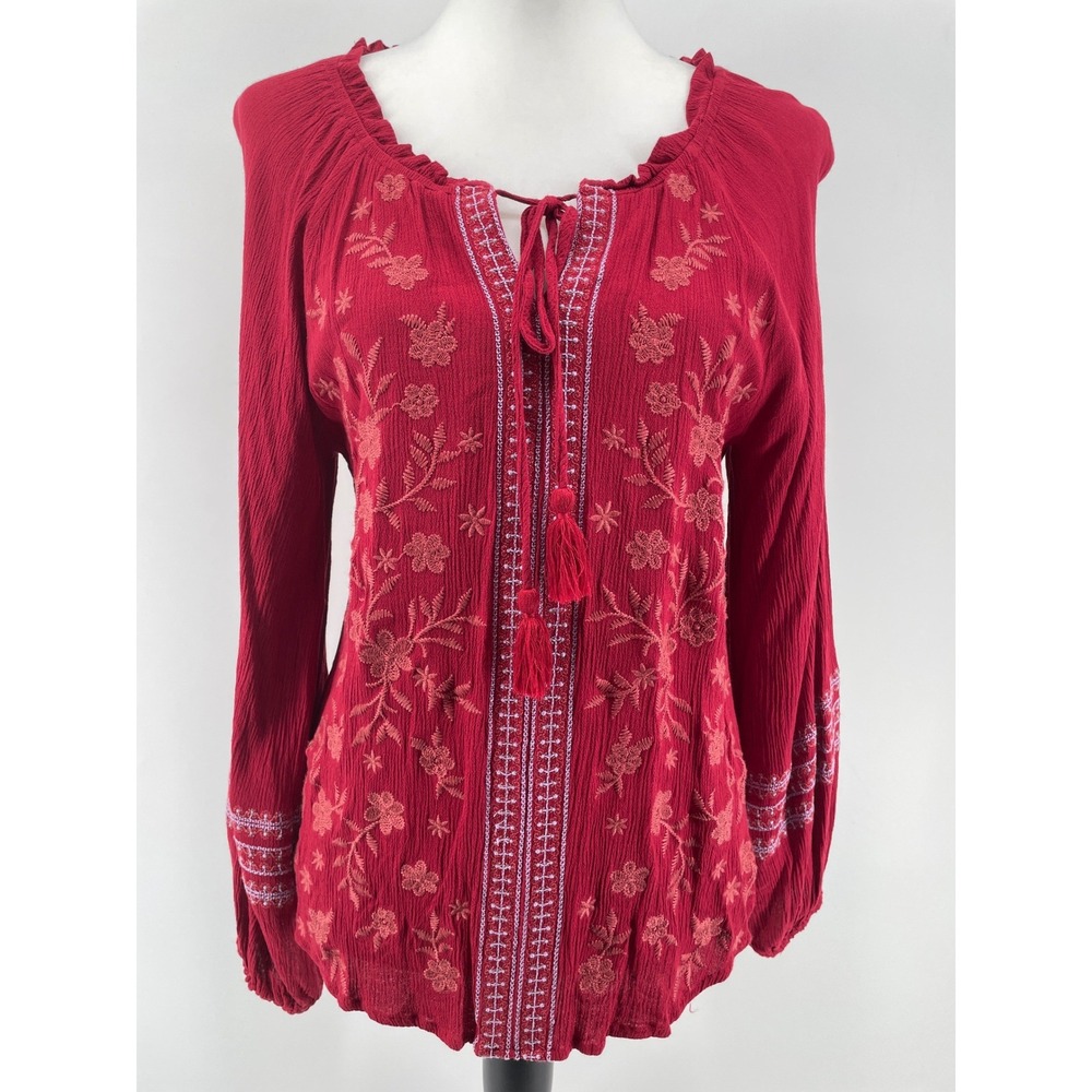 Savanna Jane Embroidered Peasant Top Womens Medium Red Cottage Country Boho